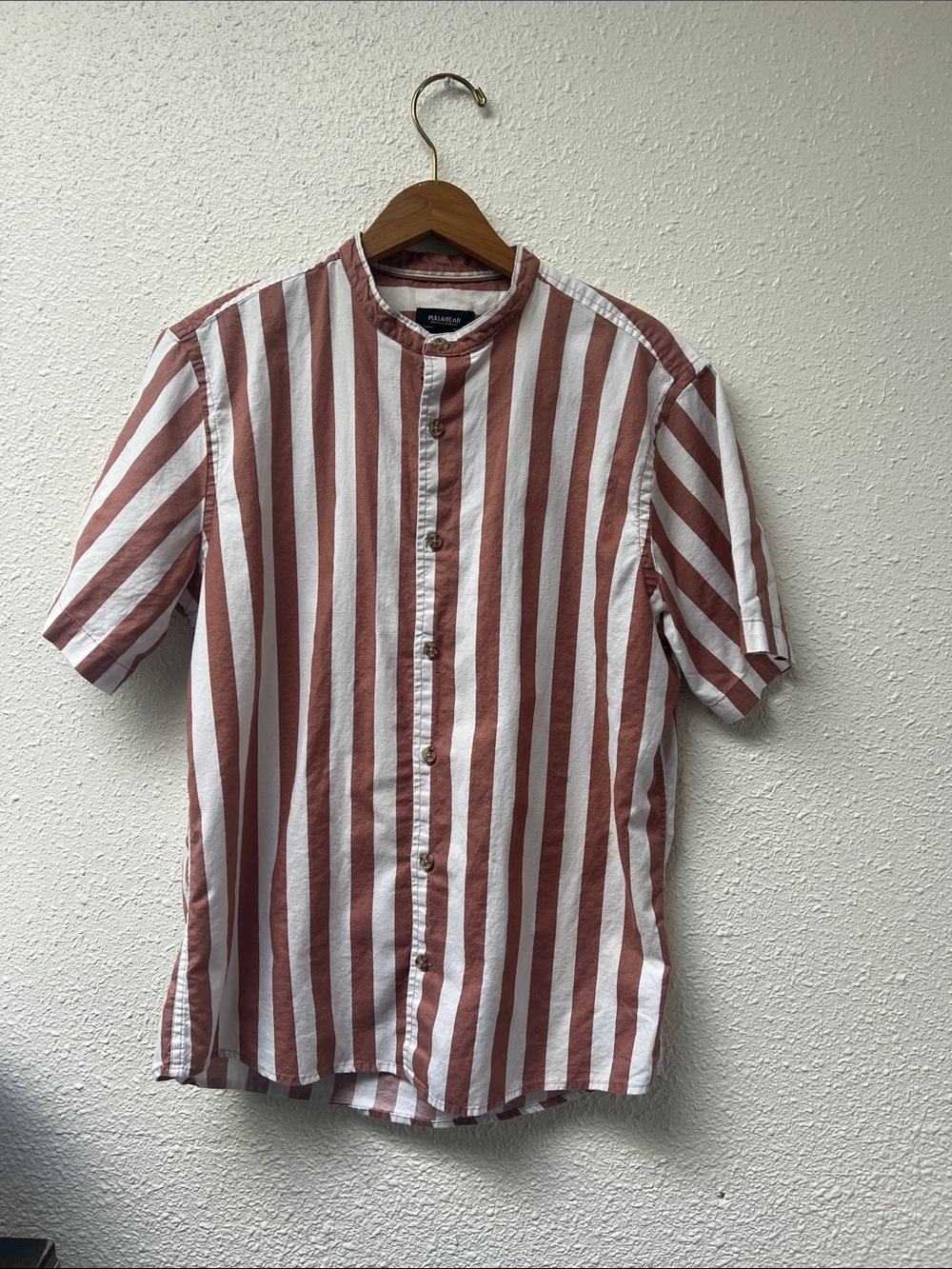 Pull&Bear Rust & White Vertical Stripe Short Sleeve Shirt 100% cotton